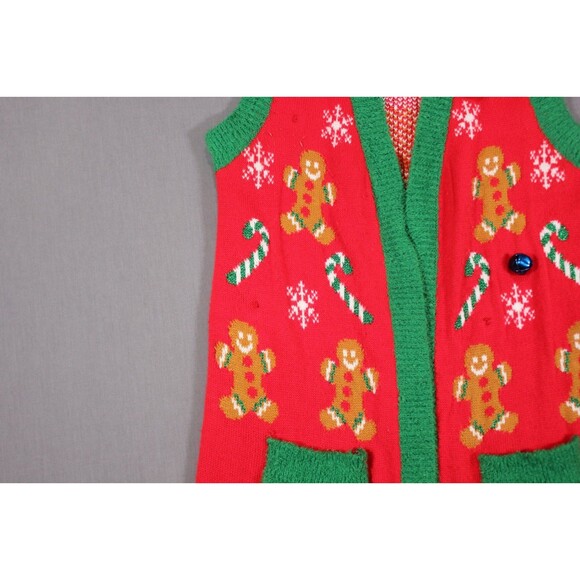 Holiday Time Christmas Long Cardigan Vest Embroidered Red Green Bells Sz S - Picture 3 of 10